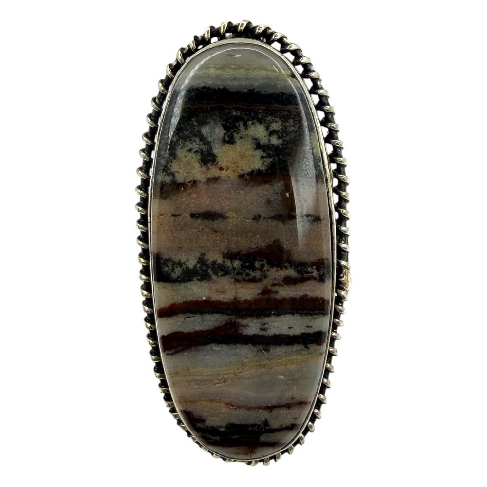 Sterling Silver Ring Picture Jasper Size 9.25 Brown Oval Statement Southwestern